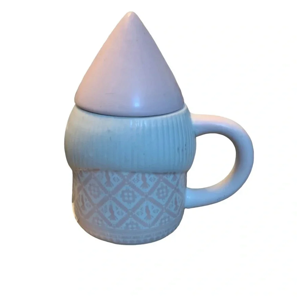 WORLD Market porcelain Gnome coffee cup with lid, pink and white